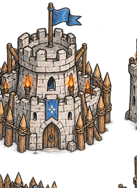 Pencil-sketched stone castle on a notebook page